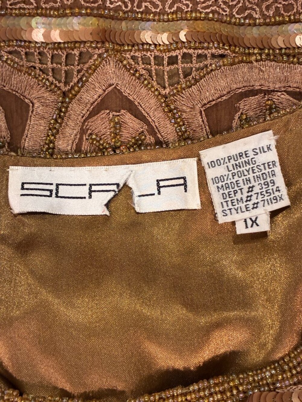 SCALA Vintage Beaded Embroidered Sequin Bronze Silk Evening Jacket Women 1X - Picture 4 of 13